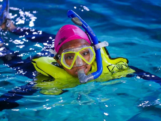 A guest doing the Maya Snorkel Wild Encounter at Audubon Aquarium