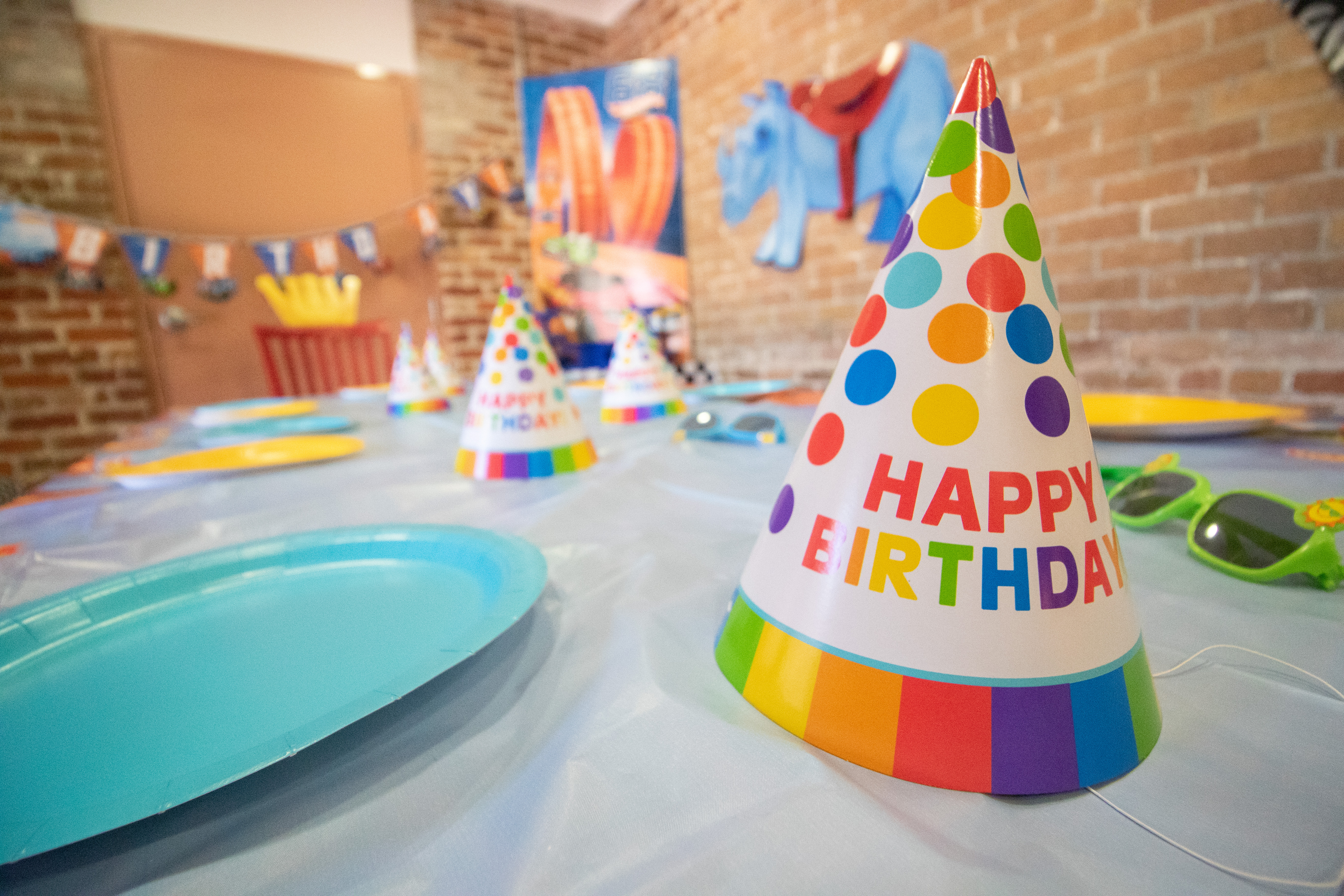 A birthday party hat and room setup at Audubon Zoo